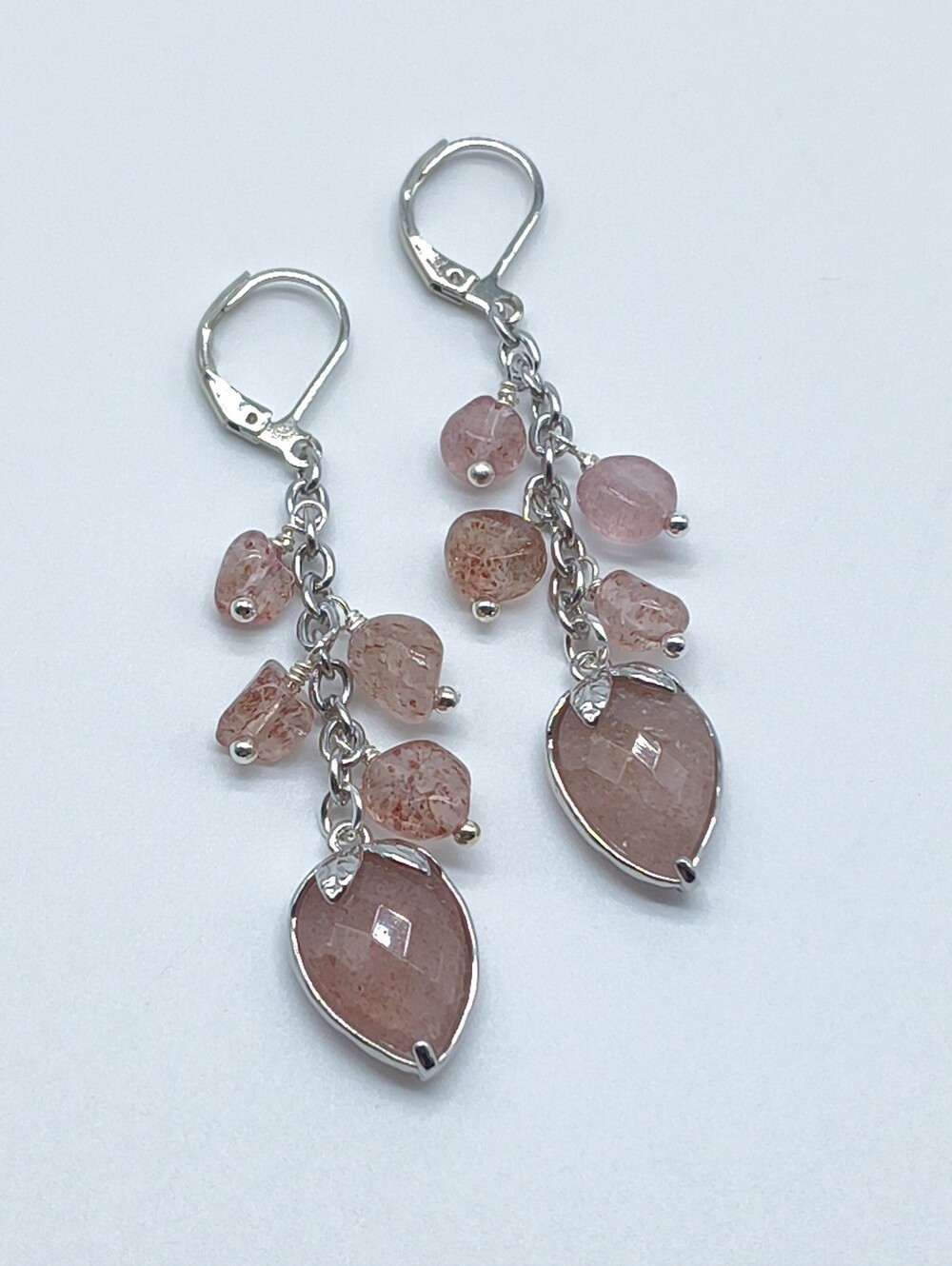 Natural Faceted Strawberry Quartz Cluster Drop Earrings